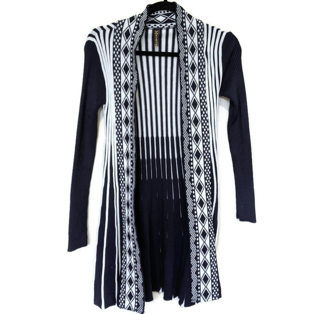 Long Open Front Blue & White Striped Cardigan sz S